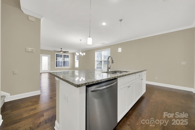 kitchen featuring dishwasher, a center island with sink, white cabinets, sink, and dark stone countertops