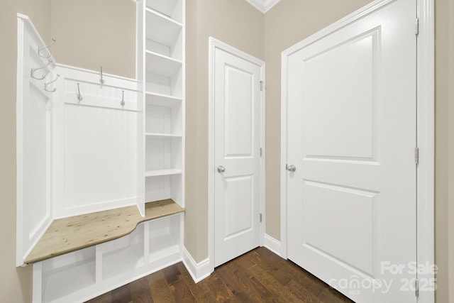 mudroom featuring dark hardwood / wood-style flooring and ornamental molding