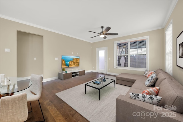 living room with hardwood / wood-style floors, ceiling fan, and ornamental molding