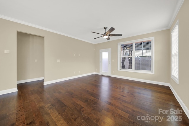 unfurnished room with ceiling fan, crown molding, and dark hardwood / wood-style floors