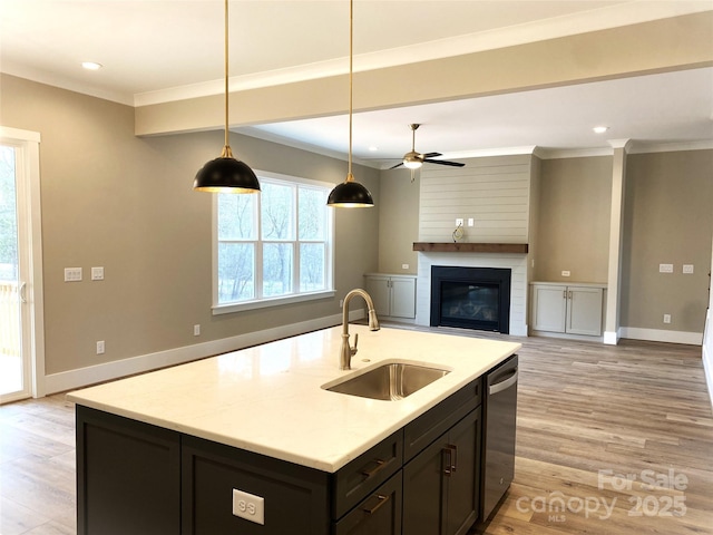 kitchen featuring stainless steel dishwasher, baseboards, light wood-style floors, and a sink