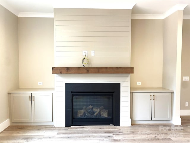 room details featuring crown molding, a fireplace, baseboards, and wood finished floors