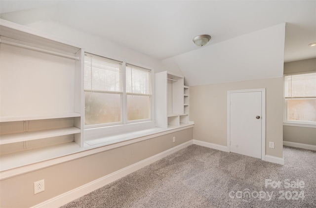 spacious closet featuring carpet flooring and vaulted ceiling