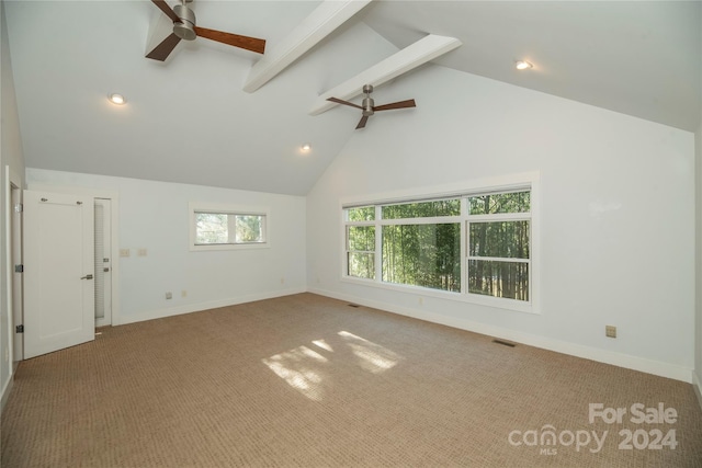 bonus room with beamed ceiling, ceiling fan, carpet floors, and high vaulted ceiling