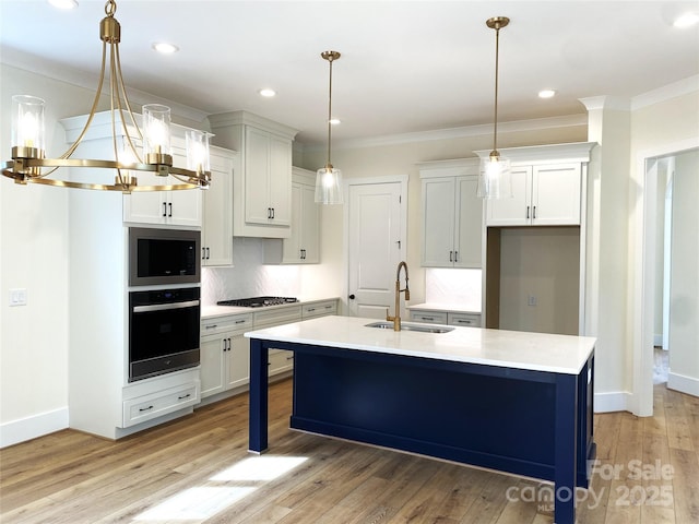 kitchen with oven, a sink, built in microwave, light countertops, and backsplash