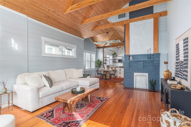 living room featuring a brick fireplace, wood ceiling, wood-type flooring, beamed ceiling, and wood walls