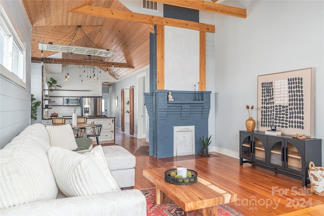 living room featuring hardwood / wood-style floors, beam ceiling, wooden ceiling, and high vaulted ceiling