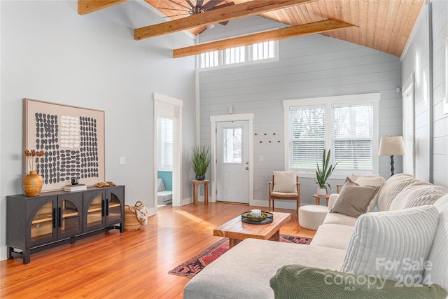 living room featuring ceiling fan, wooden ceiling, beamed ceiling, high vaulted ceiling, and light wood-type flooring