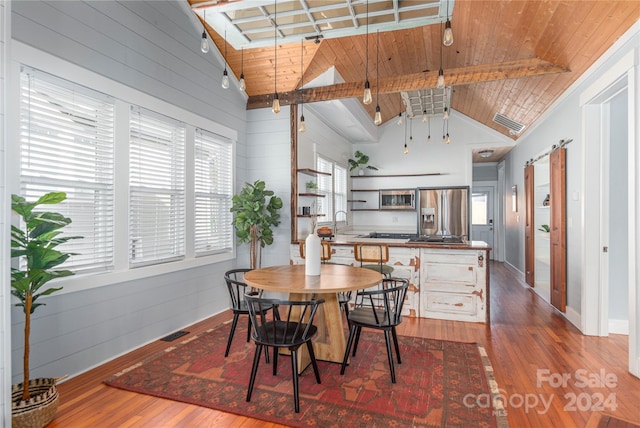 dining space with vaulted ceiling with beams, sink, wood ceiling, and wood-type flooring