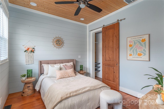 bedroom featuring ceiling fan, wood-type flooring, wooden ceiling, and crown molding