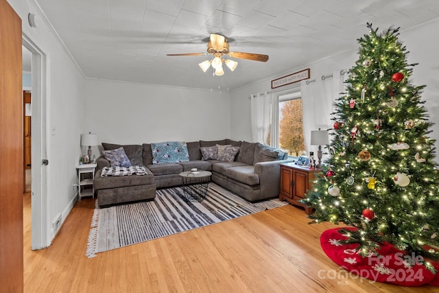 living room with light hardwood / wood-style flooring, ceiling fan, and ornamental molding