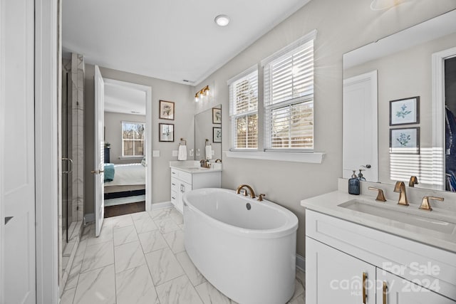 bathroom with a washtub, vanity, and a healthy amount of sunlight