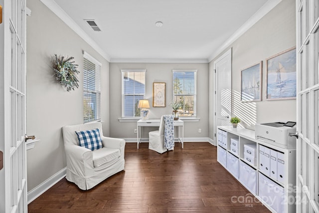 living area featuring dark hardwood / wood-style floors and ornamental molding