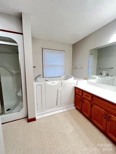 bathroom with vanity, a textured ceiling, and a tub