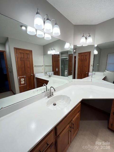 bathroom with hardwood / wood-style floors, vanity, and a textured ceiling