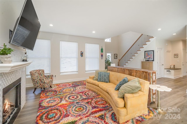 living room featuring wood-type flooring and a tile fireplace