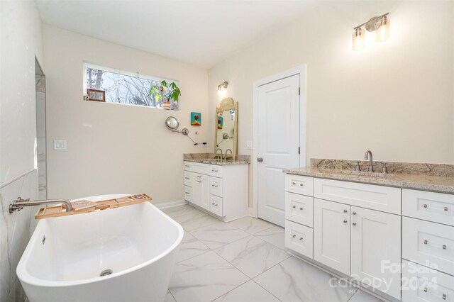 bathroom featuring a washtub and vanity