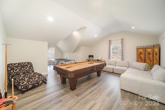 rec room featuring light wood-type flooring, billiards, and vaulted ceiling