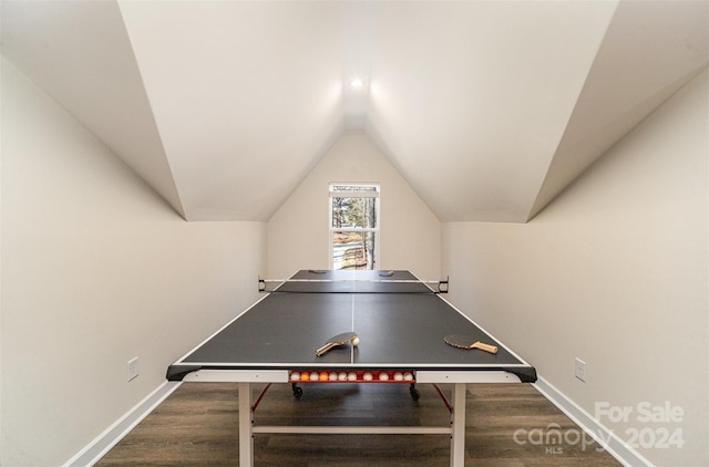 playroom featuring hardwood / wood-style floors and lofted ceiling