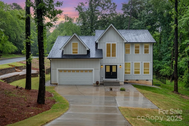 10221 Hanging Moss Trl, Mint Hill, NC 28227 - modern farmhouse style home featuring a shingled roof, crawl space, driveway, and board and batten siding