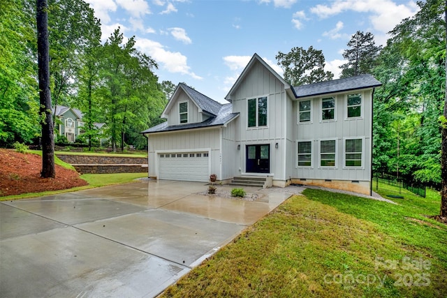 10221 Hanging Moss Trl, Mint Hill, NC 28227 - modern farmhouse style home with crawl space, board and batten siding, and concrete driveway
