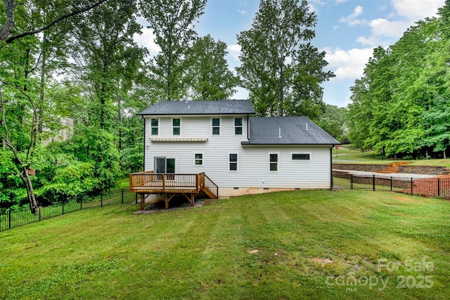 10221 Hanging Moss Trl, Mint Hill, NC 28227 - back of house featuring crawl space, a wooden deck, view of wooded area, and roof with shingles