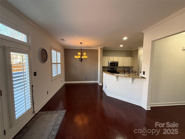 kitchen with baseboards, appliances with stainless steel finishes, ornamental molding, dark wood-style flooring, and a chandelier