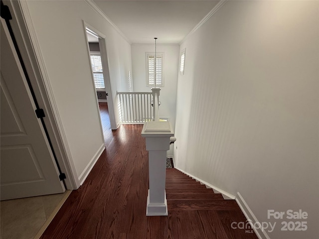 hall with dark wood-style floors, baseboards, ornamental molding, and an upstairs landing