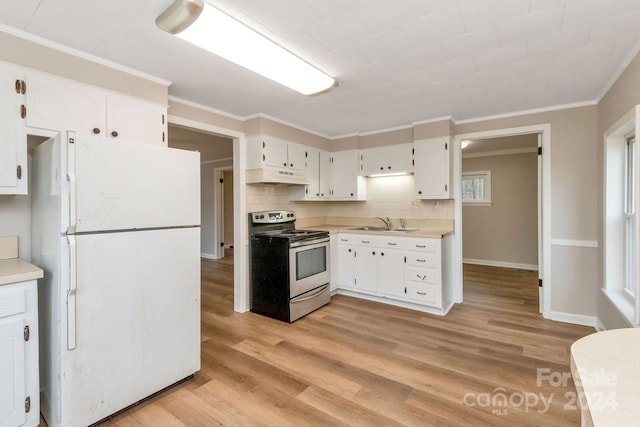 kitchen with white cabinetry, white fridge, stainless steel electric range, and light wood-type flooring