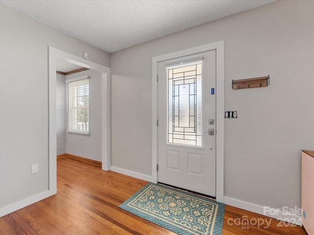 foyer featuring plenty of natural light, hardwood / wood-style floors, and a textured ceiling