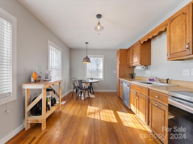 kitchen with light hardwood / wood-style floors, sink, hanging light fixtures, and stainless steel appliances