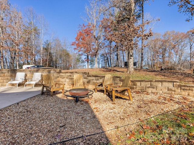 view of yard with a patio area and an outdoor fire pit