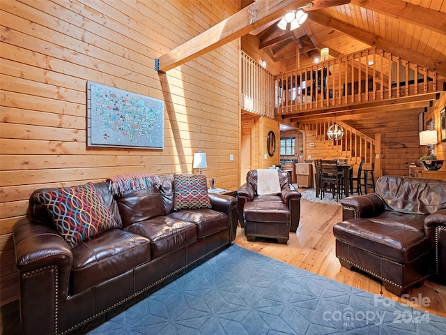 living room featuring wooden walls, beam ceiling, wood-type flooring, high vaulted ceiling, and wooden ceiling