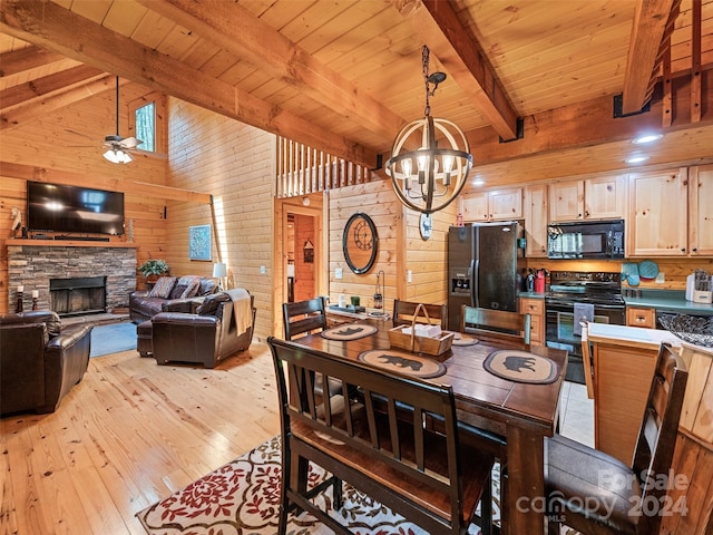 dining space featuring beamed ceiling, high vaulted ceiling, light hardwood / wood-style flooring, and wood walls