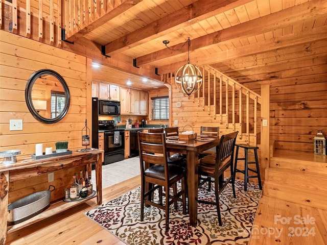 dining area featuring light wood-type flooring, wooden ceiling, and wood walls