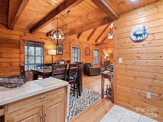 dining area featuring wood ceiling, lofted ceiling with beams, wooden walls, and light hardwood / wood-style floors