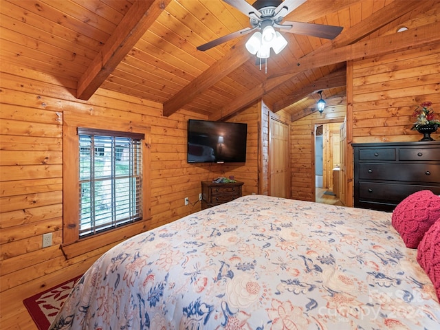 bedroom with wooden ceiling, ceiling fan, and wooden walls