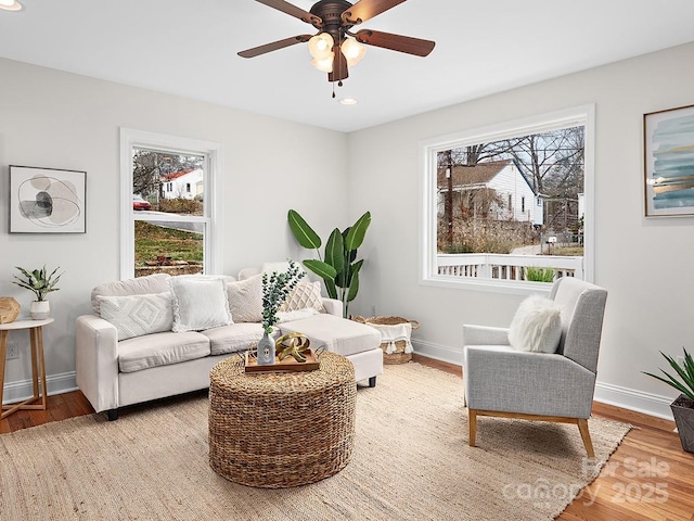 living room with ceiling fan and hardwood / wood-style flooring