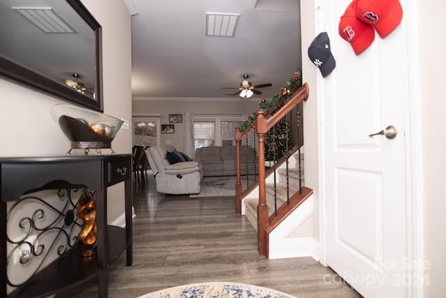 stairway featuring hardwood / wood-style floors, ceiling fan, and crown molding