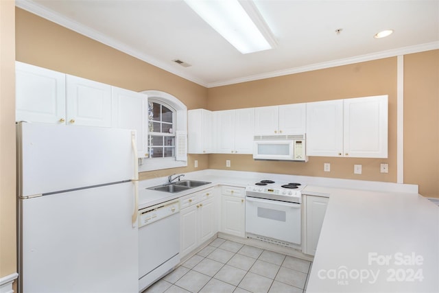 kitchen with white cabinetry, crown molding, white appliances, and sink