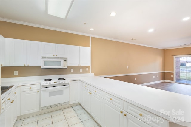 kitchen with white cabinets, white appliances, kitchen peninsula, and ornamental molding