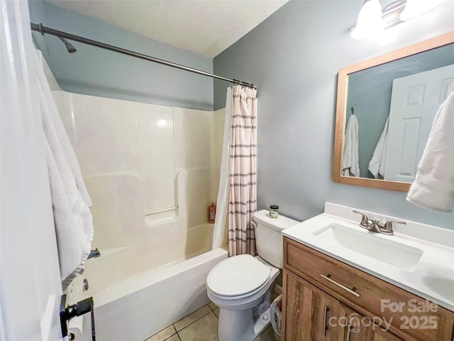 bathroom with tile patterned flooring, shower / bathtub combination with curtain, toilet, and vanity