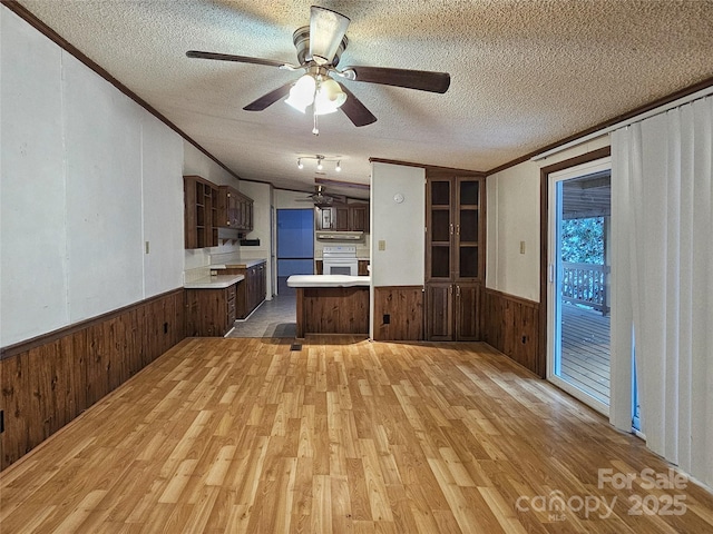 kitchen with ornamental molding, kitchen peninsula, light hardwood / wood-style floors, and a textured ceiling