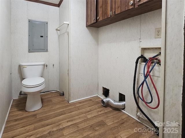 bathroom with hardwood / wood-style flooring, electric panel, and toilet