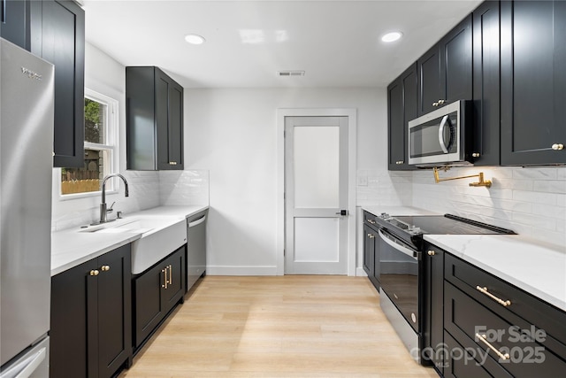 kitchen featuring light wood-style flooring, visible vents, appliances with stainless steel finishes, a sink, and decorative backsplash