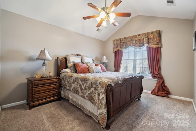 bedroom featuring visible vents, vaulted ceiling, and carpet flooring