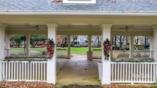 view of patio / terrace featuring ceiling fan and a porch