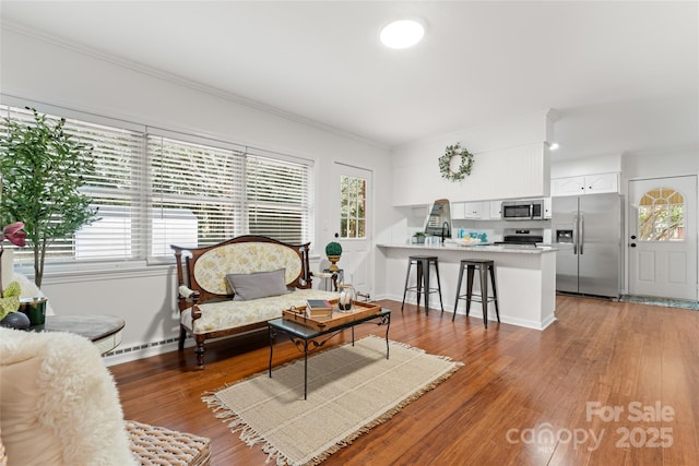 sitting room with crown molding, dark wood-type flooring, and baseboard heating