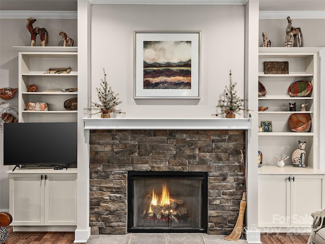 details featuring built in features, a warm lit fireplace, crown molding, and wood finished floors