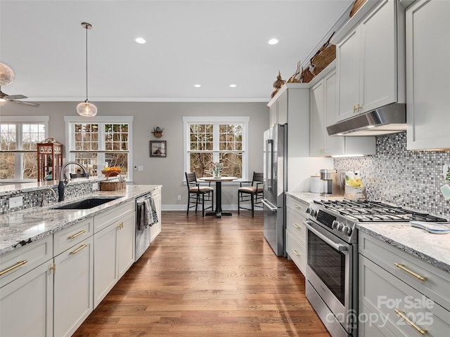 kitchen featuring under cabinet range hood, stainless steel appliances, wood finished floors, a sink, and decorative backsplash